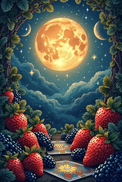 Cover for a podcast, That there are no people, That has strawberry and blackberry, tarot, sun, moon and stars
