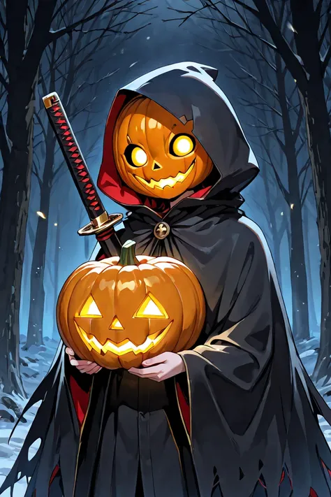 Smiling corrupted pumpkin head holding a katana with glowing yellow eyes, wearing akatsuki cloak