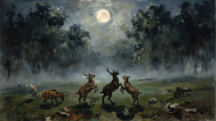 dramatic chiaroscuro oil painting, background depending on the content of the script line; moonlit forest clearing; timid animal...