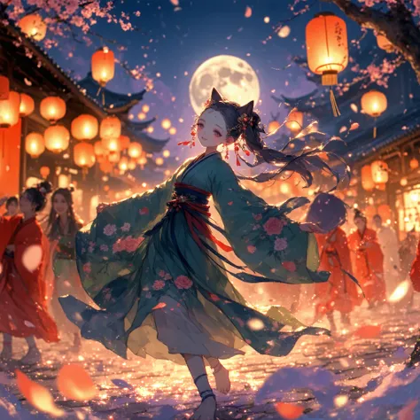 A vibrant and dynamic anime-style illustration of a nighttime supernatural festival. A girl in an elaborate, flowing kimono with...