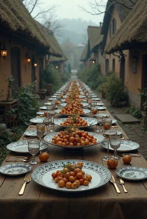 Create an image of a big feast with large platters, plates, glasses, but everything is completely empty, It takes place in a Ga...