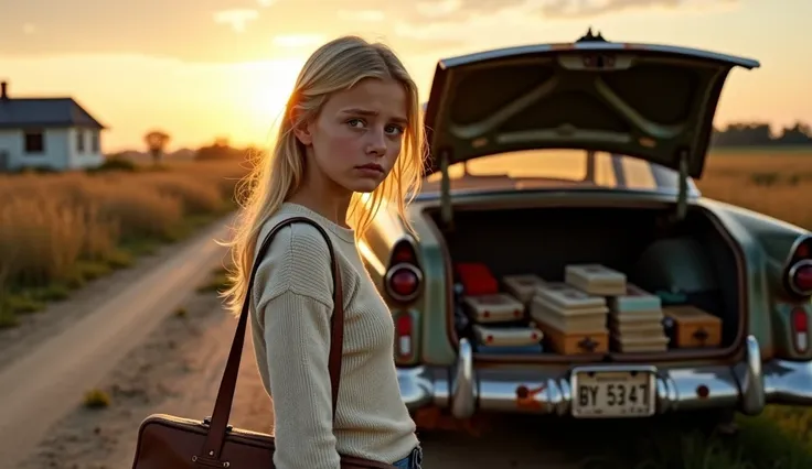 A young blonde girl with expressive blue eyes and sad, but looks resolutely next to an old rusty Soviet-era car on a dusty count...