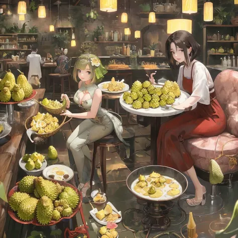A 2D girl with only durians and milk on her body. The girl is set as a young woman with a sexy figure and a seductive expression...