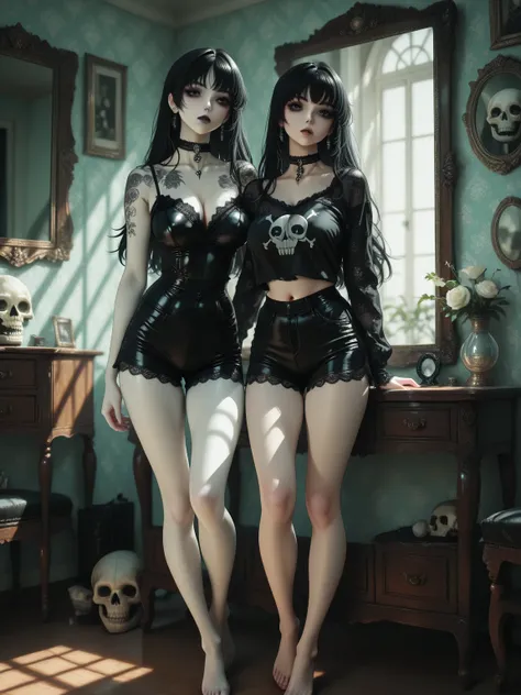 top quality photo, super precision , perfect detail, slender gothic girl in a tight top with a skull print, lace black shorts, ...