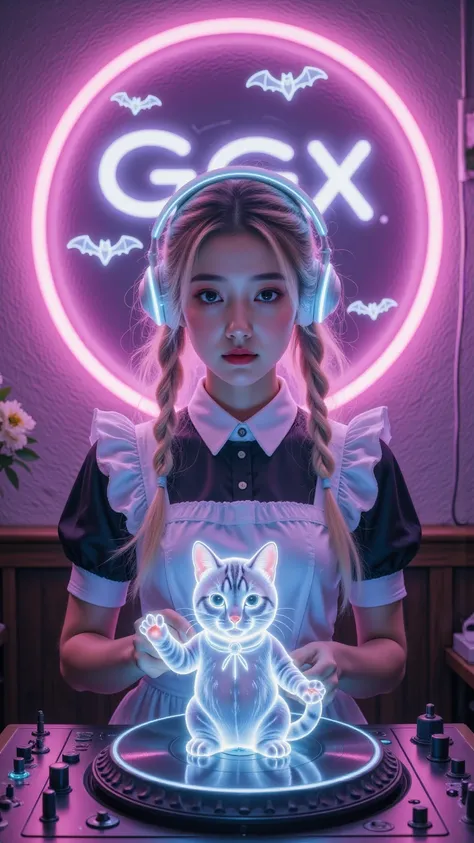 Full Color, (transparency:2.0), Girl's body faces the audience ,She wears light-emitting headphones🎧, wearing a maid costume on ...
