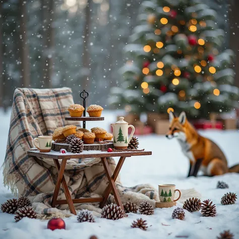 This image captures a magical and whimsical winter scene, blending natural elements with festive holiday decorations and cozy co...