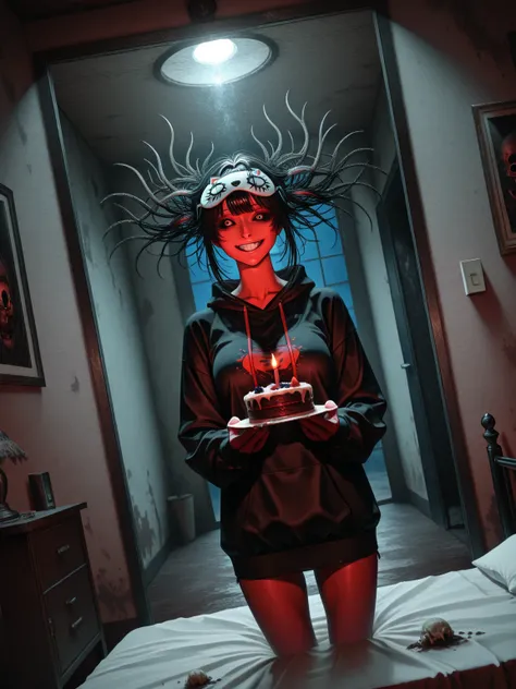 [topic]кадр в стиле horror киберпанк, creepy girl wakes up in bed
[character] a woman with electric hair,  woman in bed, a demon...