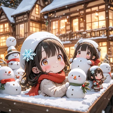 Super Details, 8k, Nice, Bright,cute girl、long black hair、Brown Eye、Beautiful eyes、 Snow Scenery 、snowflake hair ornament、white ...