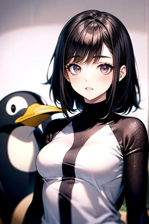 Black haired girl in penguin costume