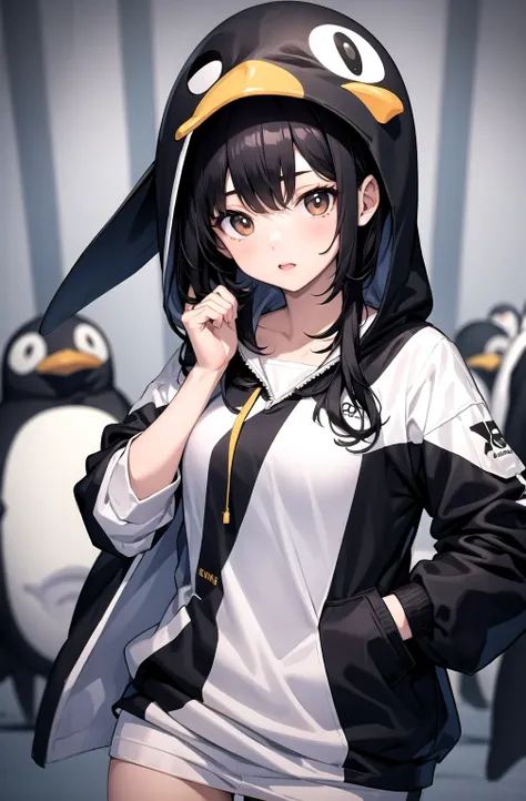 Black haired girl in penguin costume