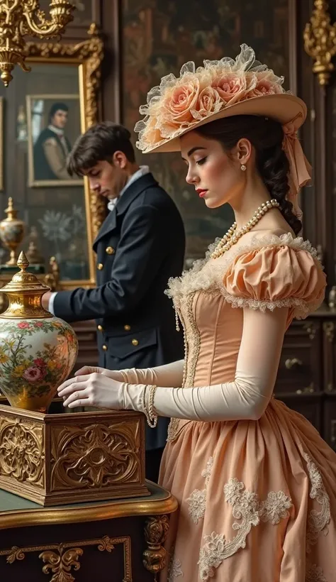 an elegant young Victorian lady in a luxurious lush peach-colored dress with lace ruffles and a corset, an exquisite hat with si...
