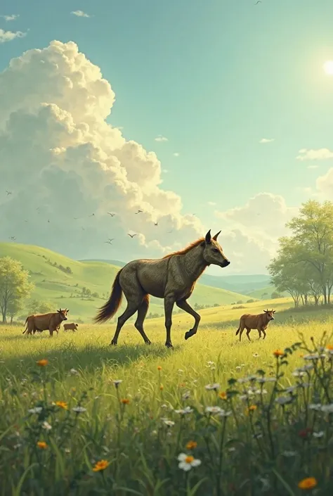 A hyna walking between cows in vast green field
