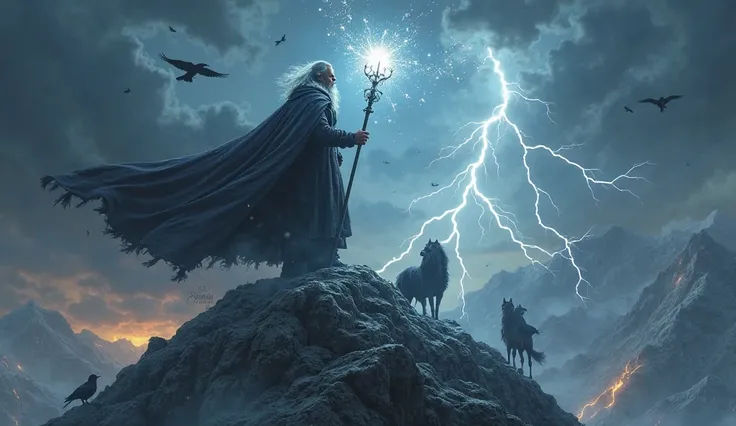Odin, the all-powerful Norse god, standing high on a dark mountain peak, overlooking the entire world beneath him. His cloak flo...