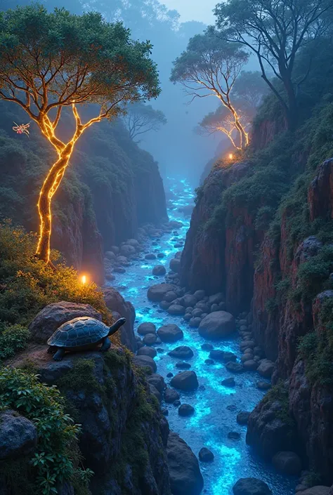 Cinematic aerial shot of a magical valley at dawn — glowing bioluminescent trees shimmer in gold, blue, and violet. A liquid-lig...