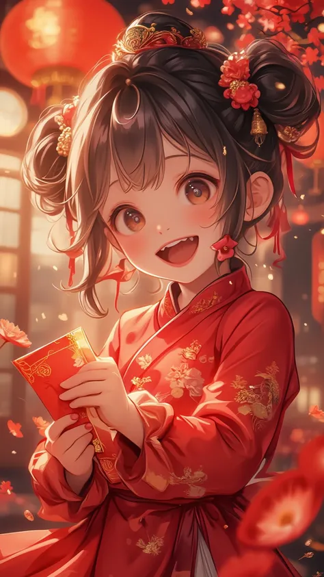 1girl, A joyful and smiling ,dressed in traditional red clothing, is standing in front of a blurred background, looking directly...
