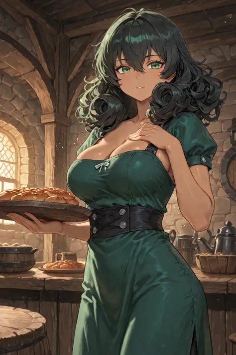 Female, long curly hair, raven black hair, caramel tan skin, emerald green eyes, waitress dress, medieval tavern