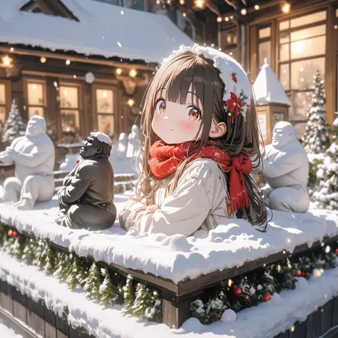Super Details, 8k, Nice, The gorilla snow statue is broken、Bright,cute girl、Black Hair Long Hair、Brown Eye、beautiful eyes、 Snow ...