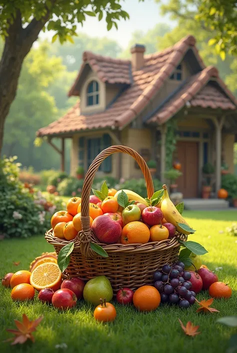 Create an image many fruit basket on the yard out of the house