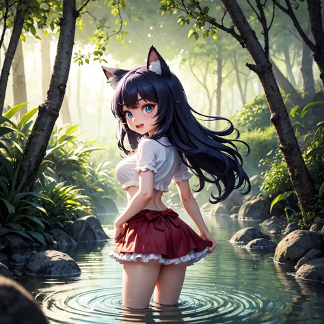 3D Animation Style。Very cute werewolf shaped Kemomimi Musume。Back view。watching the scenery over there。Kneeling down at the midd...
