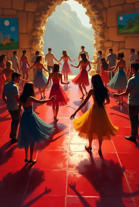Lounge with red floor and stone walls. People dancing in a circular arrangement. Rustic atmosphere with colorful paintings on th...