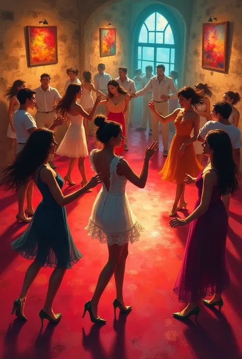 Lounge with red floor and stone walls. People dancing in a circular arrangement. Rustic atmosphere with colorful paintings on th...
