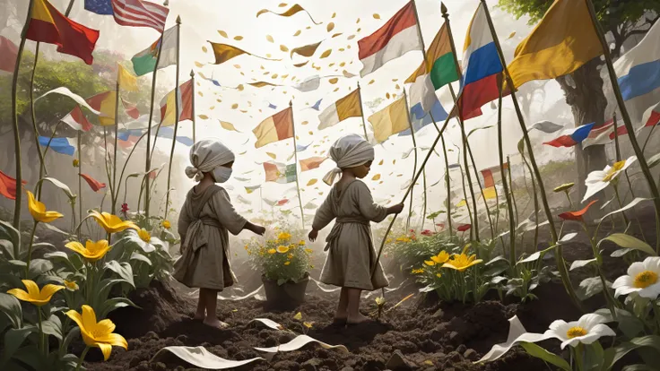 Prompt 9: A garden of crumbling world flags blowing in ethereal wind, with a blindfolded child planting a golden seed labeled “C...