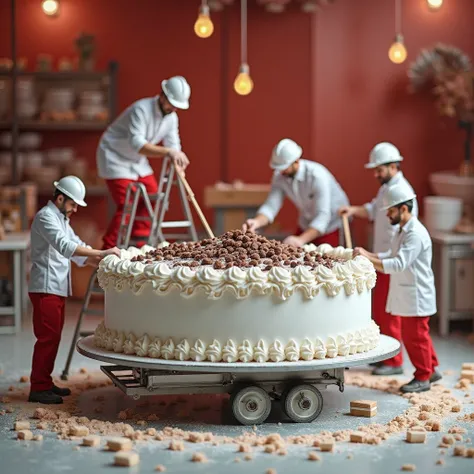 A hyper-realistic scene of workers dressed in white shirts, red pants, and white hard hats, working on a white cake table with w...
