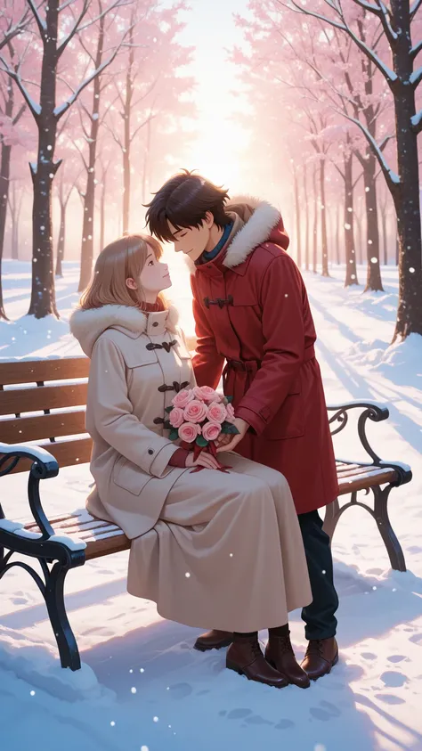 a romantic anime couple standing in a snow-covered park during golden hour, surrounded by softly falling snowflakes and bare win...