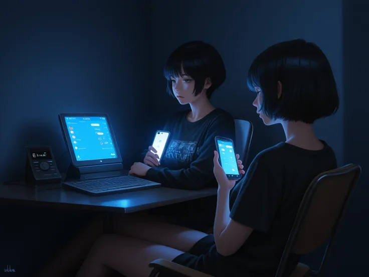 girls,black hair,short hair,Gal, buka buka shirt ,black clothes,Indoor,dark atmosphere,mobile phone,Blue Light,sitting on a chai...