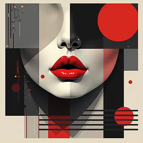 Abstract image, sexy lips and very geometric figures with parallel stripes that cover the entire image, mix of colors gray and r...