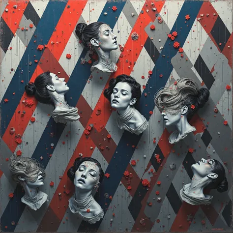 NSWF. Abstract image. Only faces and very geometric figures with parallel stripes that cover the entire image, mix of colors gre...