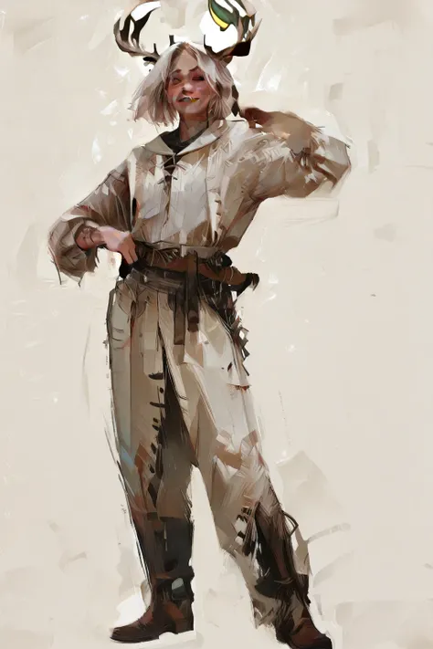 character in very good quality, full length, Reference , character turn, pumped up man , Latin, white hair, deer antlers, smirk...
