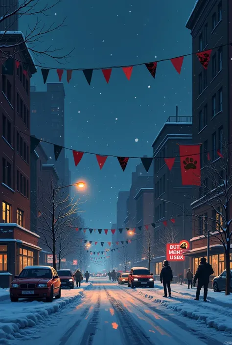 Draw a city with anti-furry flags: a crossed out paw with red and black legs at the top and down where the killer's drones march...