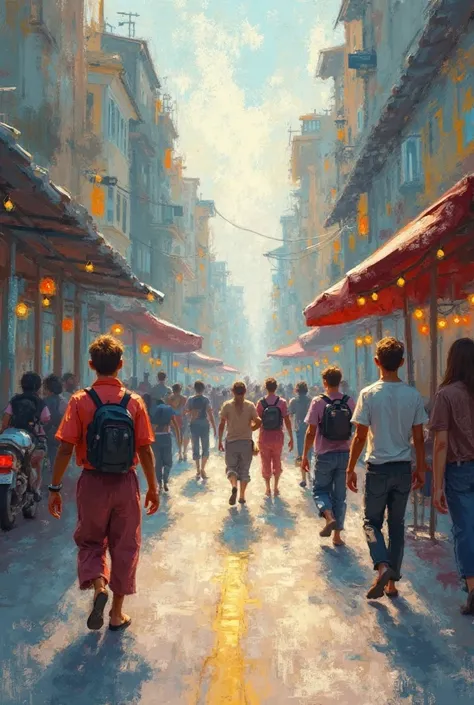 Impressionist-style photo, with visible brush strokes and vibrant colors, capturing an everyday scene in soft natural light, blu...