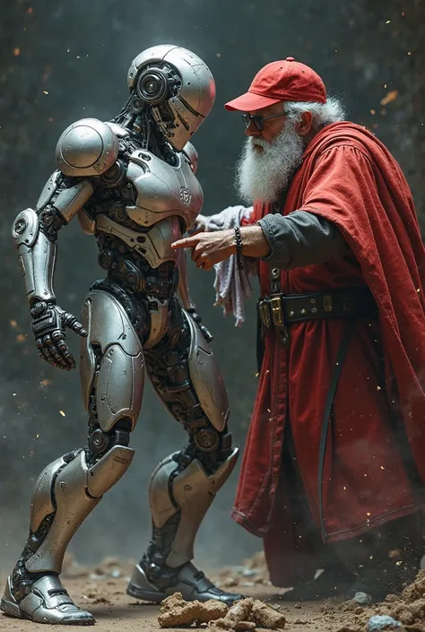 A boy turned into a robot fighting a bearded guy with white skin who wears everything red and black shorts and he wore a red cap...