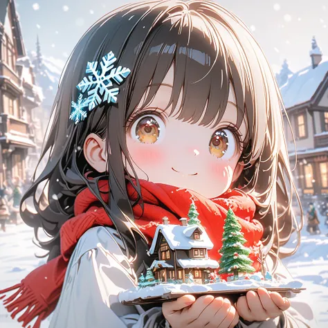 Super Details, 8k, Nice, Bright,cute girl、Black Hair Long Hair、Brown Eye、beautiful eyes、 Snow Scenery 、White Dress、red scarf、sno...