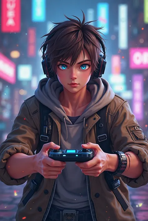 Créer moi un personnage de type masculin avec des cheuveux brun des yeux bleu un casque Gaming sur la tête une manette Xbox en m...