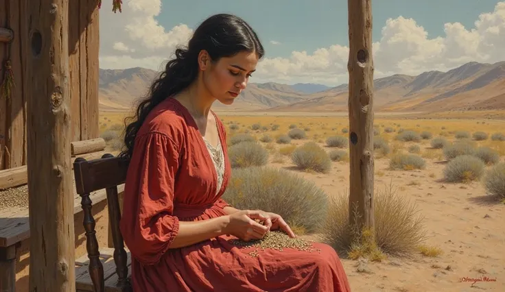A late 19th-century Western painting of a woman of 25 years in a New Mexico garden, her scarlet dress neatly fitted, her long da...
