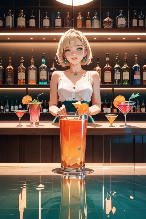 masterpiece, top quality, green cocktail, vivid gradation, glass, Transparency, light reflection, Liquid texture, bar counter, M...