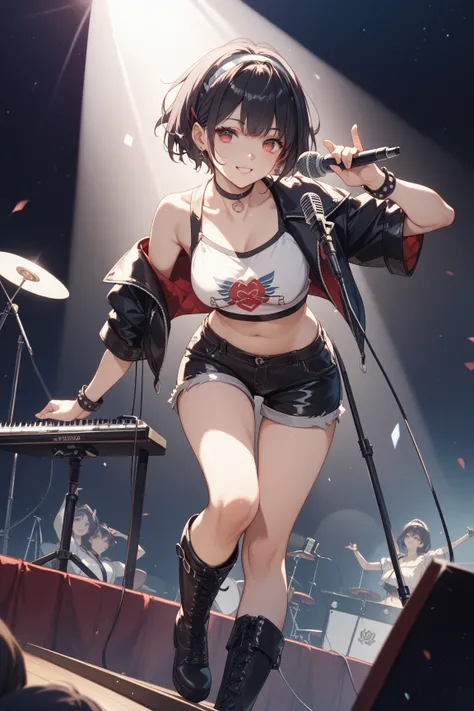 girls、One person、rock band、dark haired、short hair、leather boots、shorts、black clothes、 shoulder、red eyes、has a microphone、hanging...