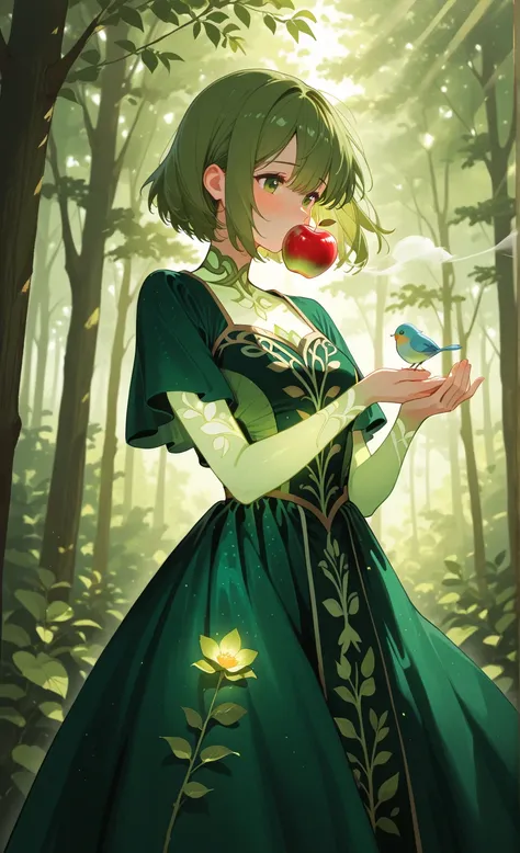 shy anime princess with short auburn hair and a deep green velvet dress, standing under blooming apple trees, gently holding a s...