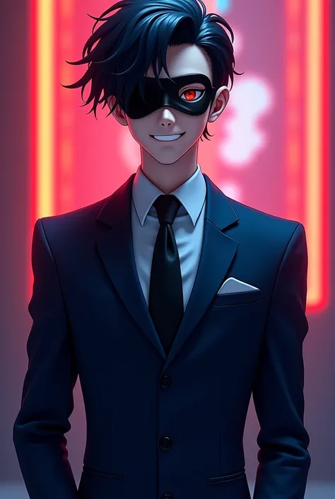 a male anime character with black hair, wearing a navy blue formal suit, wearing a black mask hiding his face, portrait, highly ...