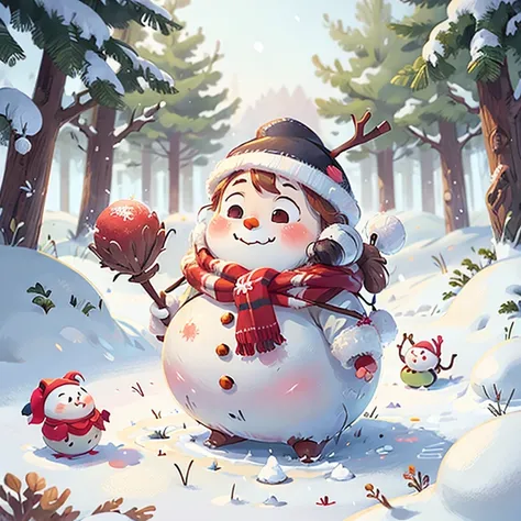 Little snowman, full body, looking at viewer, snowy, background