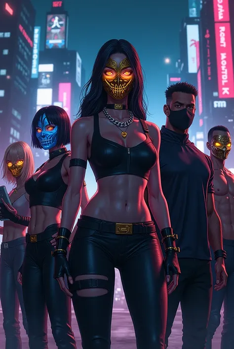 A cyberpunk-themed group of six masked vigilantes standing in front of a futuristic neon-lit city skyline at night. Each charact...
