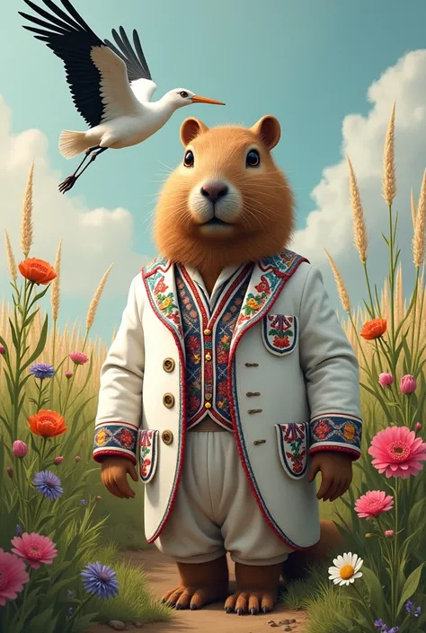 Capybara in Belarusian national costume. White suit with ornaments. Against the background of a stork flying over a cornflower f...