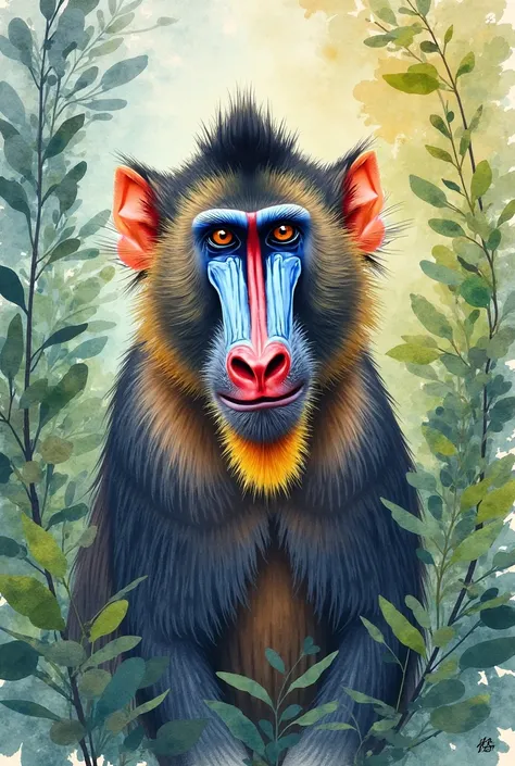 Give a watercolor style ilustration of a Mandril. Please let some free space in the upper part and in the left part of the image...