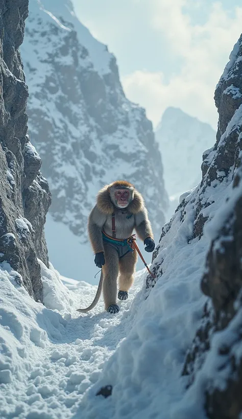 Cinematic wide shot of the monkey and the Markhor climbing steep, icy cliffs of K2 together. The Markhor leads through snow and ...