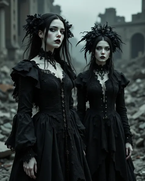 photorealistic, hyper-stylized, baroque sci-fi, post-nuclear surrealism, female gothic aristocrats, post-apocalyptic fashion, ta...