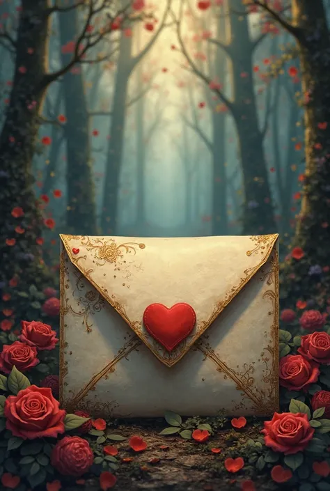 I want the image of a closed envelope , inspired by Beauty and the Beast , com um selo de cera , behind the envelope there must ...