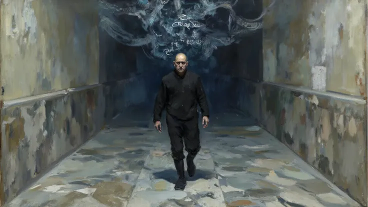 oil painting style, a lone figure walking into shadow with slumped shoulders, hollow expression and vacant gaze, ghostly echoes ...